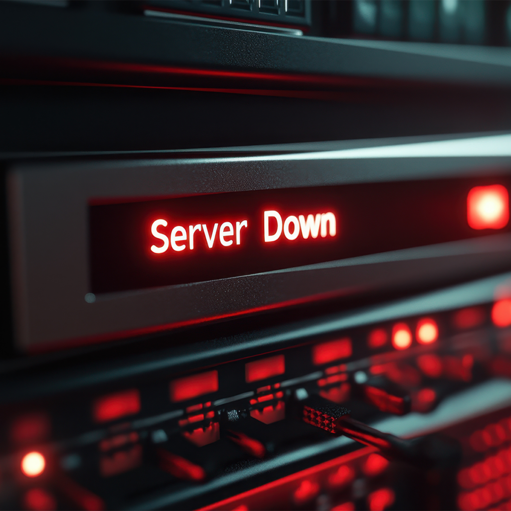 Red warning lights flashing on a server panel showing a server down status, indicating a network failure