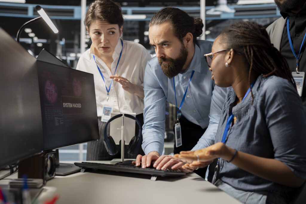 Worried group of people in data center reacting to virus alert